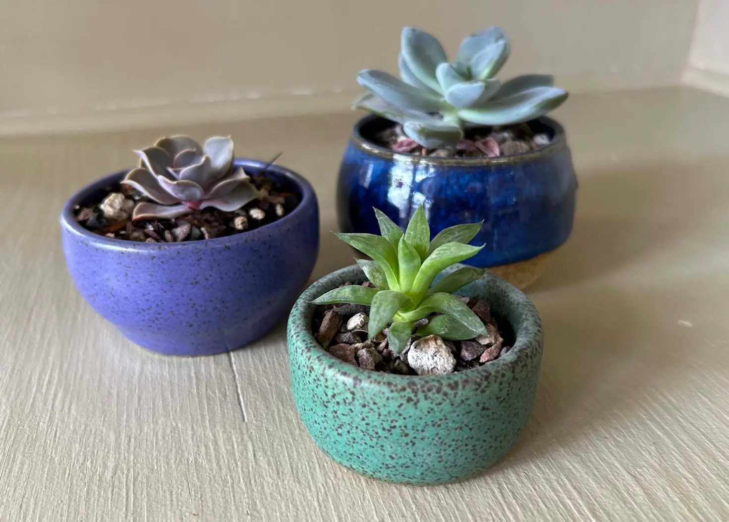 Pottery classes Manassas VA small colorful clay plant pots for cacti in ceramics studio