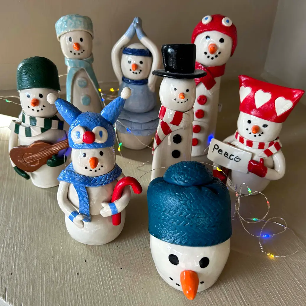 Pottery classes Manassas VA snowman ceramic sculpture from clay studio artwork display