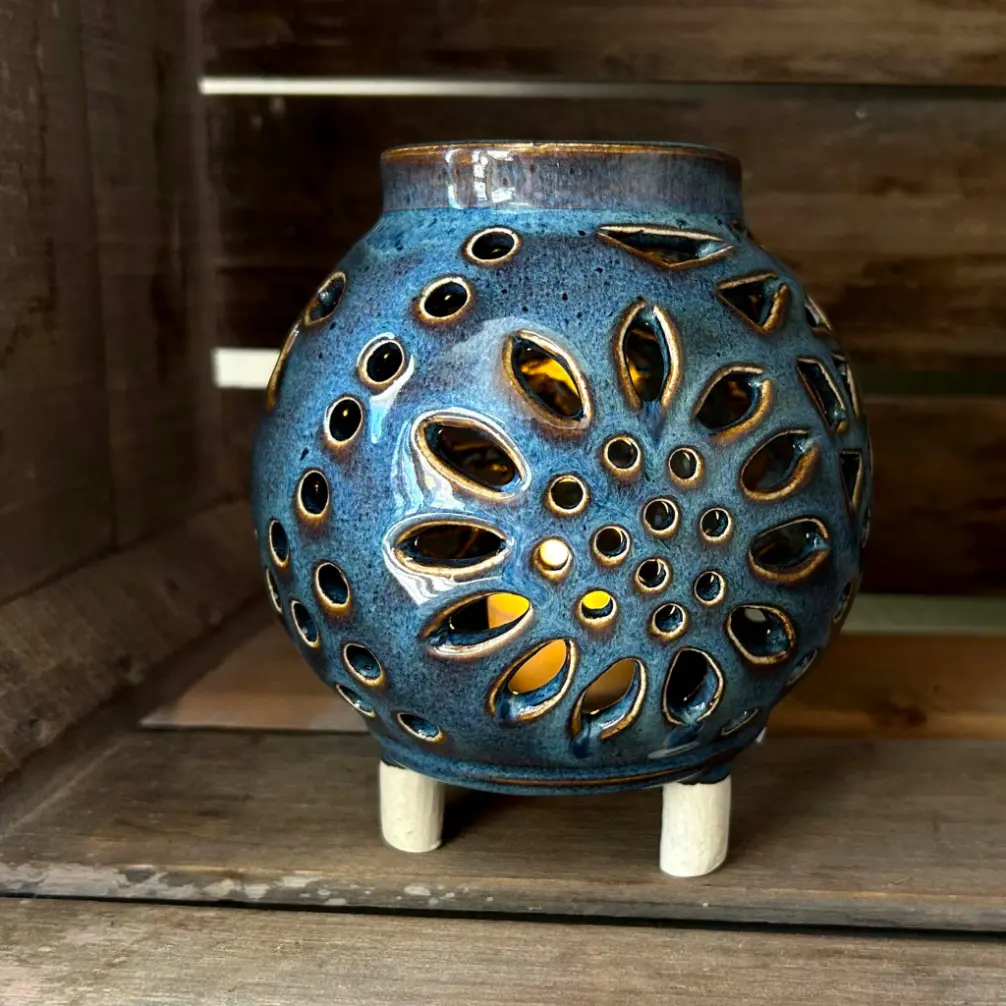 Handmade pottery Manassas VA blue clay decorative perforated ceramic pot